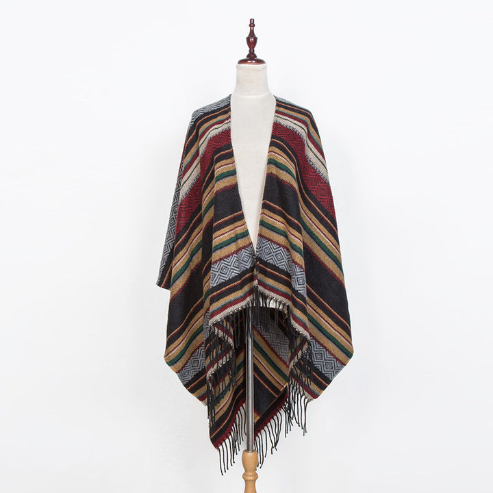 Damen Offener Oversize-Serape-Poncho im Ethno-Jacquard mit langen Fransen Echo Archiv