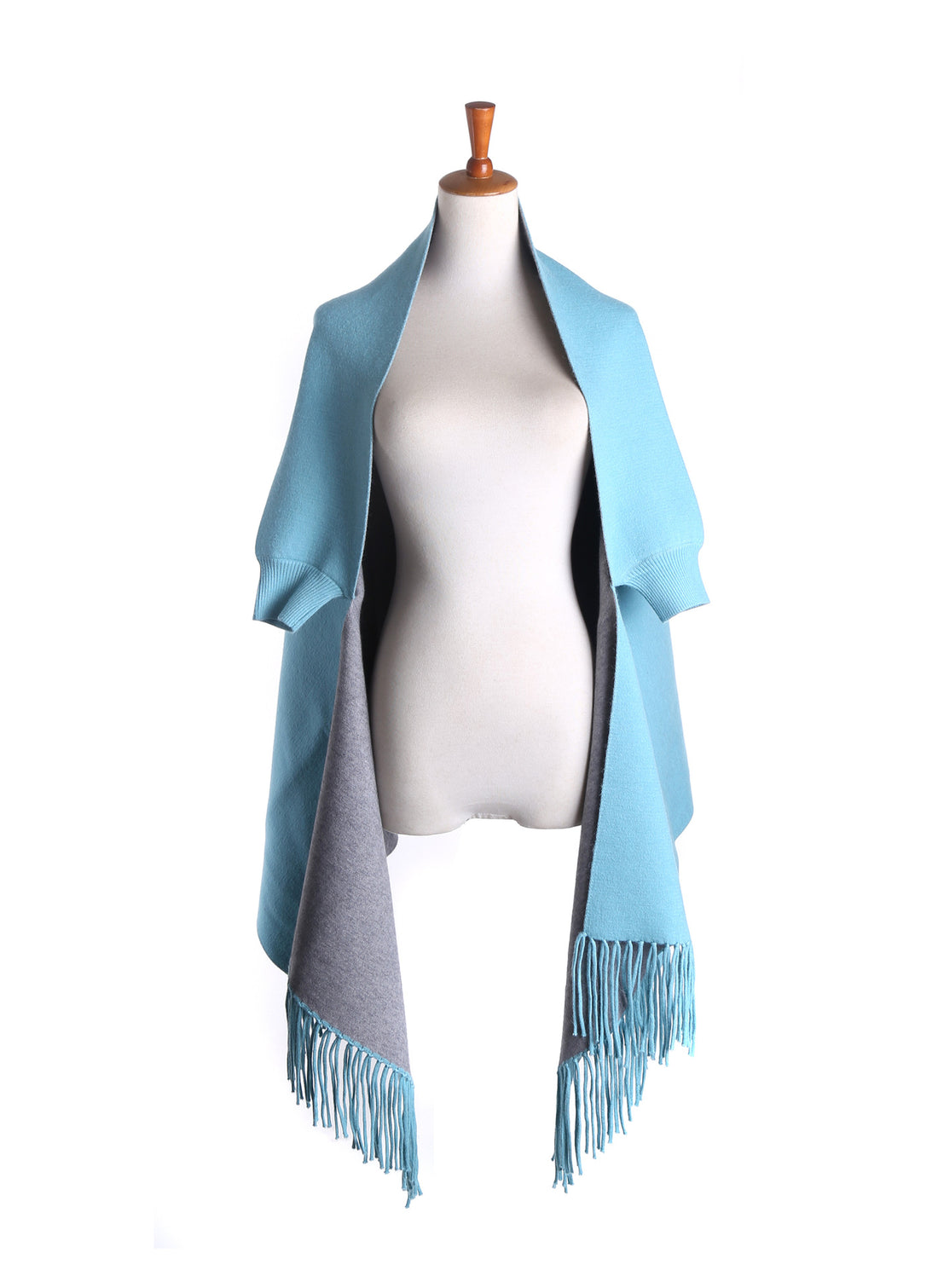 Damen Zweifarbiger Wendeponcho mit Kurzarmöffnungen, Fransen und Wollmix – Célinea