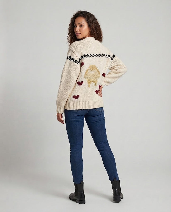 Damen Oversize Grobstrick-Cardigan mit Herz-Intarsien und Schalkragen Echo Archiv