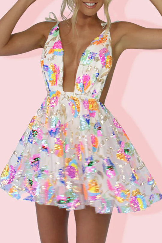 Echoarchiv | V-Ausschnitt Offene Rücken Pailletten Blumen Binde A-Linie Mini Kleid