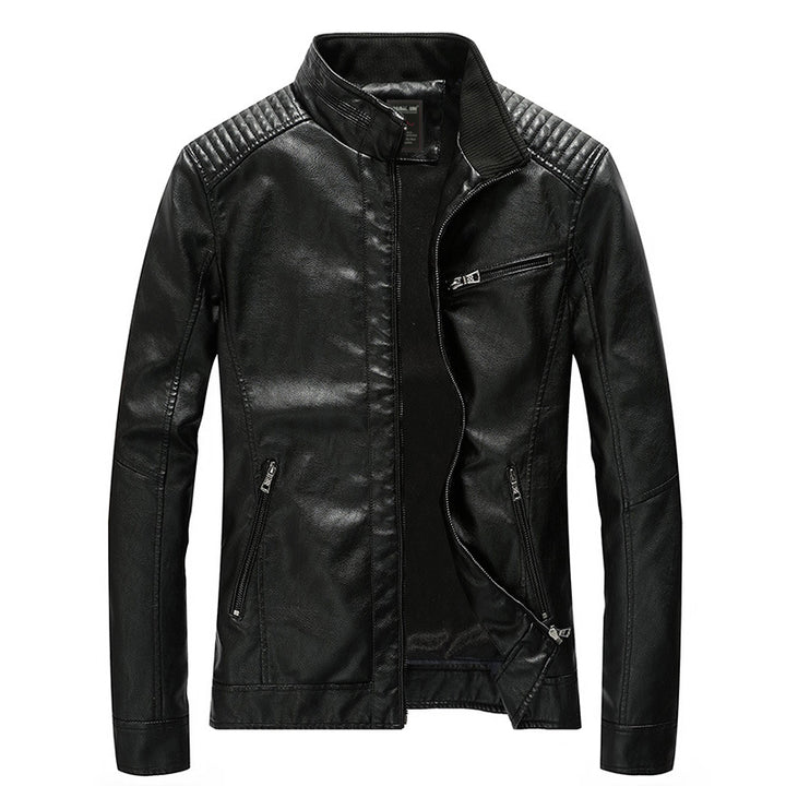 Herren Kunstleder-Bikerjacke mit Stehkragen und gesteppter Schulterpartie – Taviero