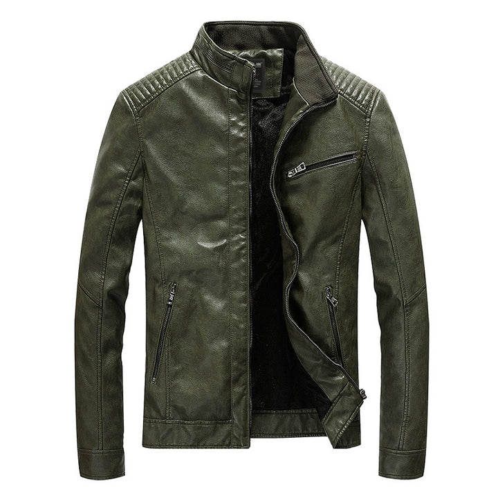 Herren Kunstleder-Bikerjacke mit Stehkragen und gesteppter Schulterpartie – Taviero