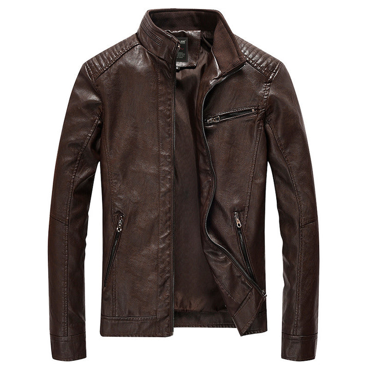 Herren Kunstleder-Bikerjacke mit Stehkragen und gesteppter Schulterpartie – Taviero