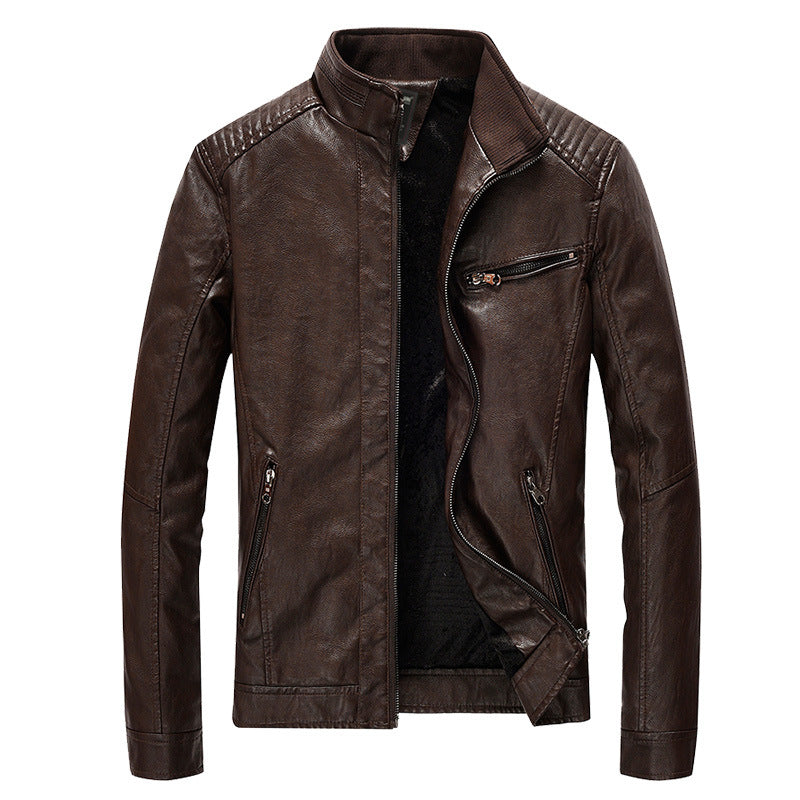 Herren Kunstleder-Bikerjacke mit Stehkragen und gesteppter Schulterpartie – Taviero