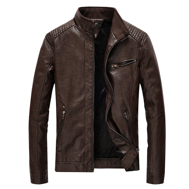 Herren Kunstleder-Bikerjacke mit Stehkragen und gesteppter Schulterpartie – Taviero