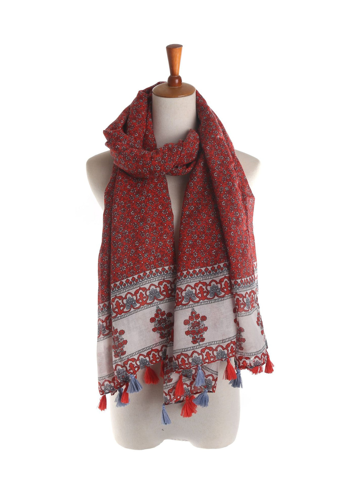 Damen Großer Baumwoll‑Viskose Schal mit Quasten und floralem Blockprint – Avelisse