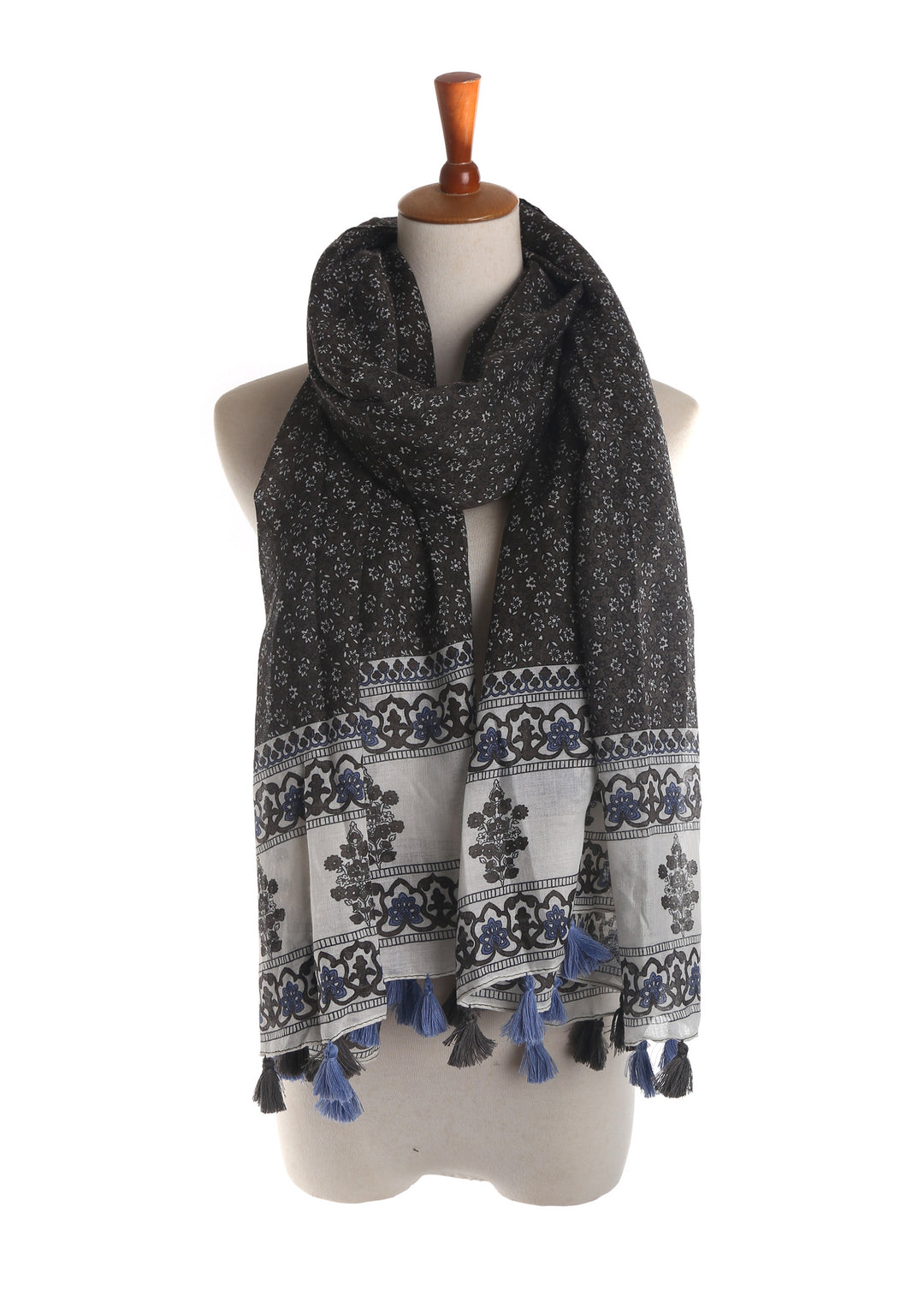 Damen Großer Baumwoll‑Viskose Schal mit Quasten und floralem Blockprint – Avelisse