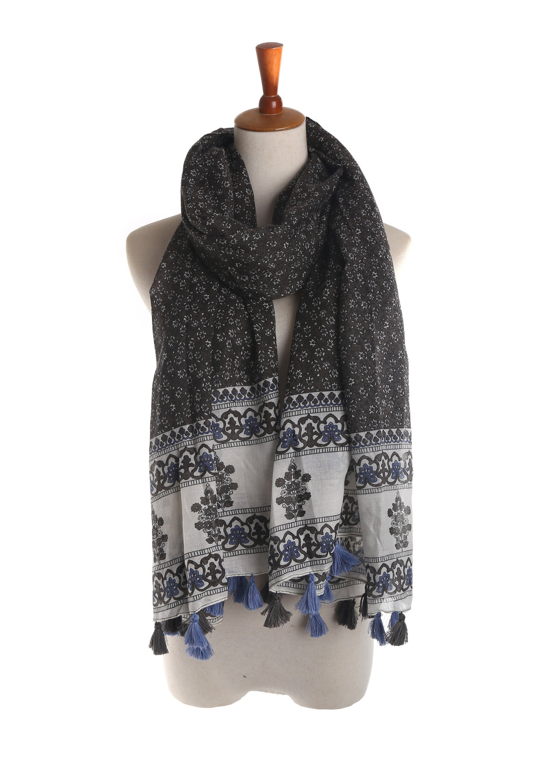Damen Großer Baumwoll‑Viskose Schal mit Quasten und floralem Blockprint – Avelisse