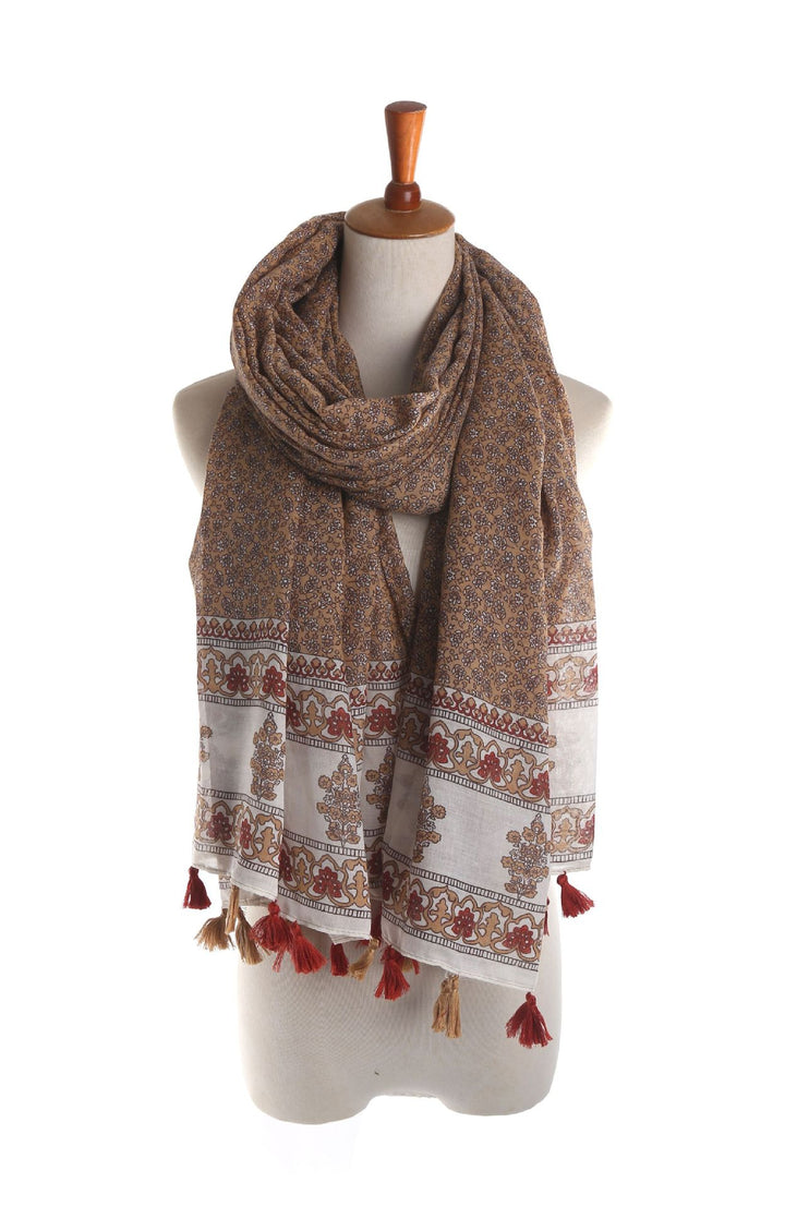 Damen Großer Baumwoll‑Viskose Schal mit Quasten und floralem Blockprint – Avelisse