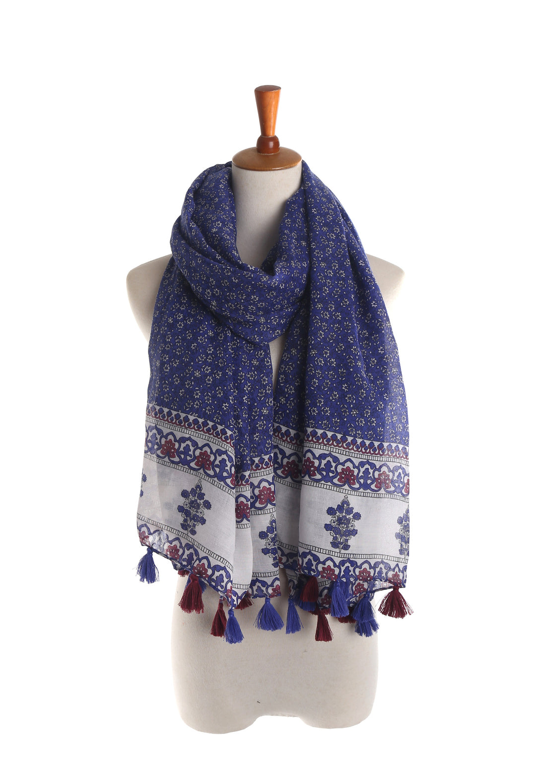Damen Großer Baumwoll‑Viskose Schal mit Quasten und floralem Blockprint – Avelisse
