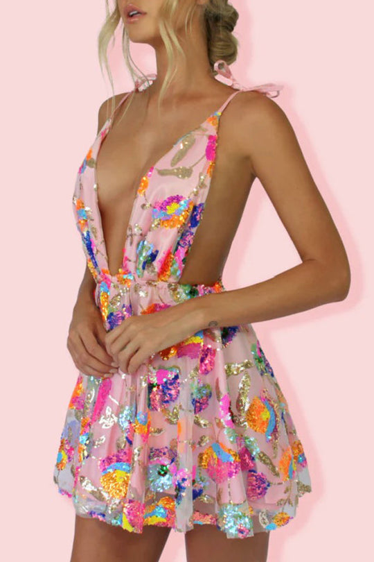 Echoarchiv | V-Ausschnitt Offene Rücken Pailletten Blumen Binde A-Linie Mini Kleid
