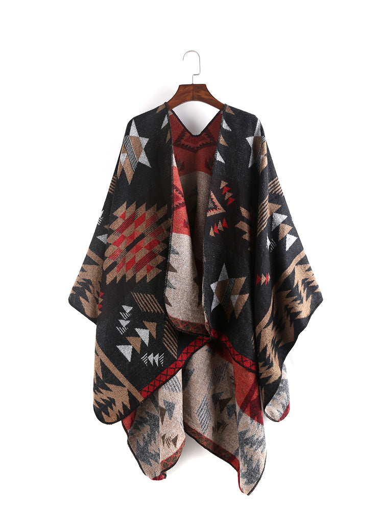 Damen Oversize-Ruana-Poncho mit Azteken-Jacquard und offenem Kimono-Fall Echo Archiv
