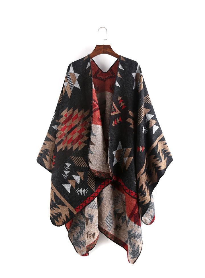Damen Oversize-Ruana-Poncho mit Azteken-Jacquard und offenem Kimono-Fall Echo Archiv