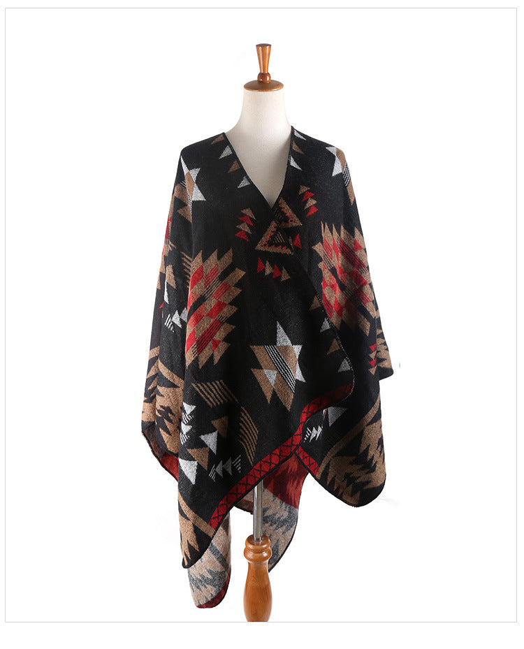 Damen Oversize-Ruana-Poncho mit Azteken-Jacquard und offenem Kimono-Fall Echo Archiv
