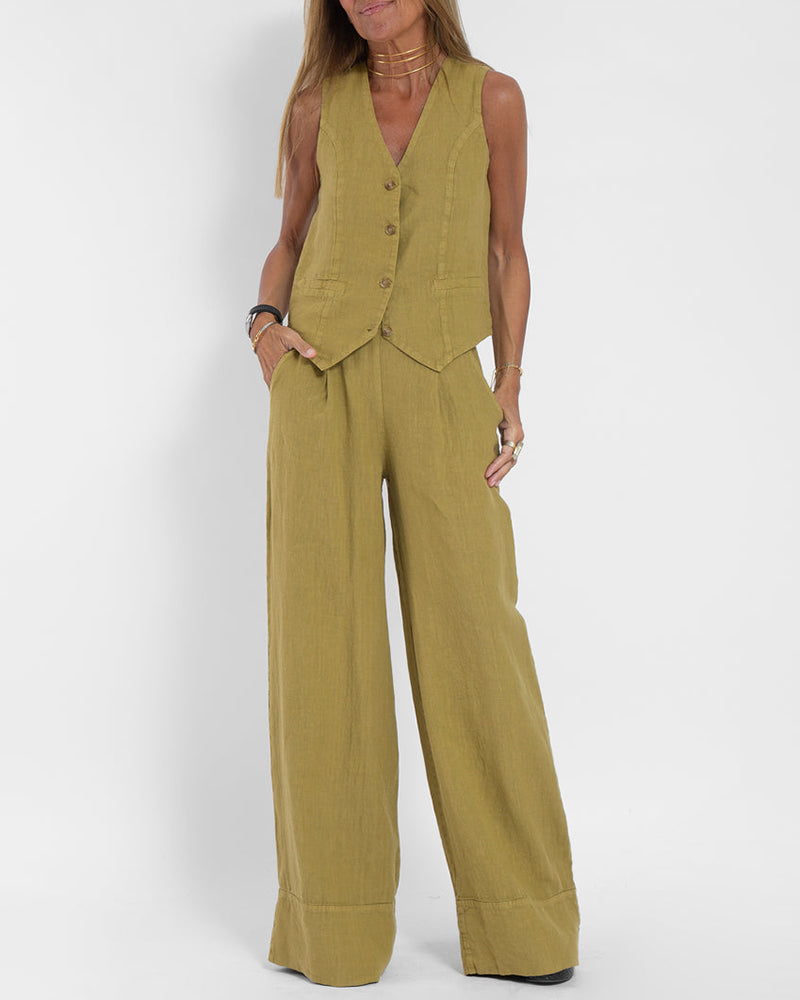 Echoarchiv | Elegantes 2-Teiliges Set Leinen Weite Hose & Weste