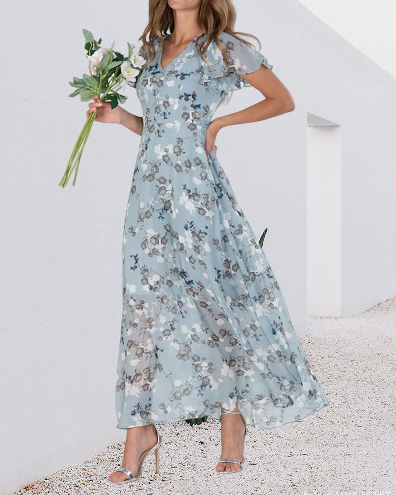 Echoarchiv | Florales Maxikleid Damen Chiffonstoff Luftiges Sommerkleid Maxikleid mit Fließendem Rock
