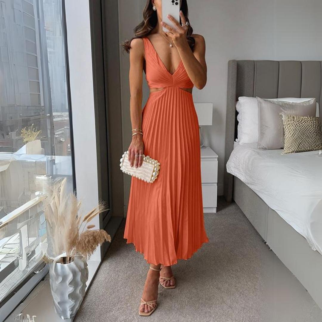Echoarchiv | Midi Kleid Ärmellos V-Ausschnitt Twist Front & Cut Out Detail Plissierter Rock