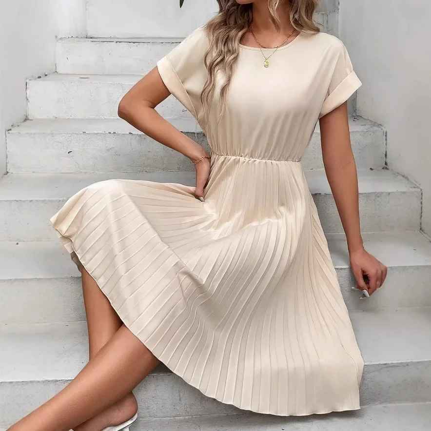 Echoarchiv | Einfarbig Plissierter Kurzarmkleid