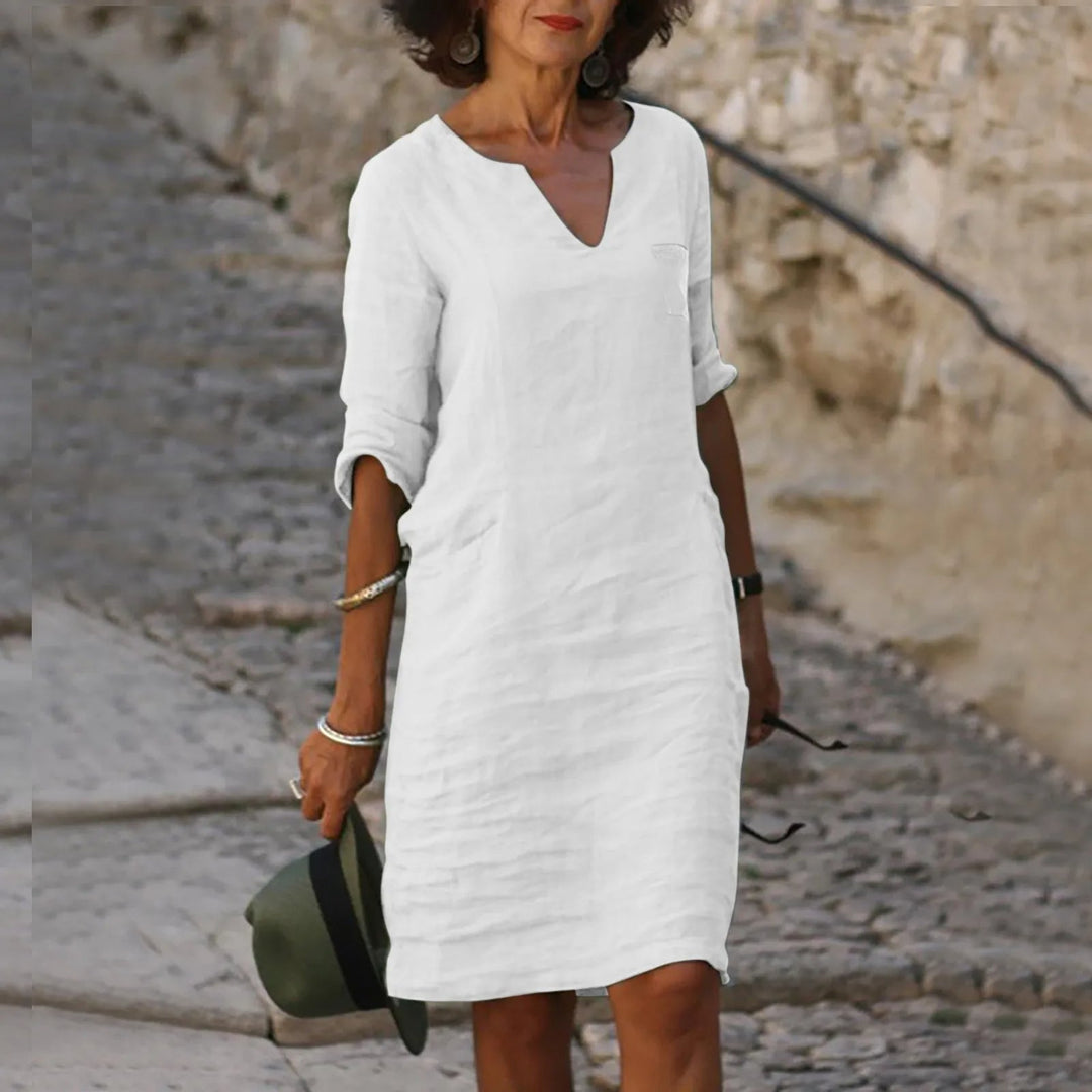 Rona Leinen Shiftkleid mit V-Ausschnitt und Taschen – Lunéa