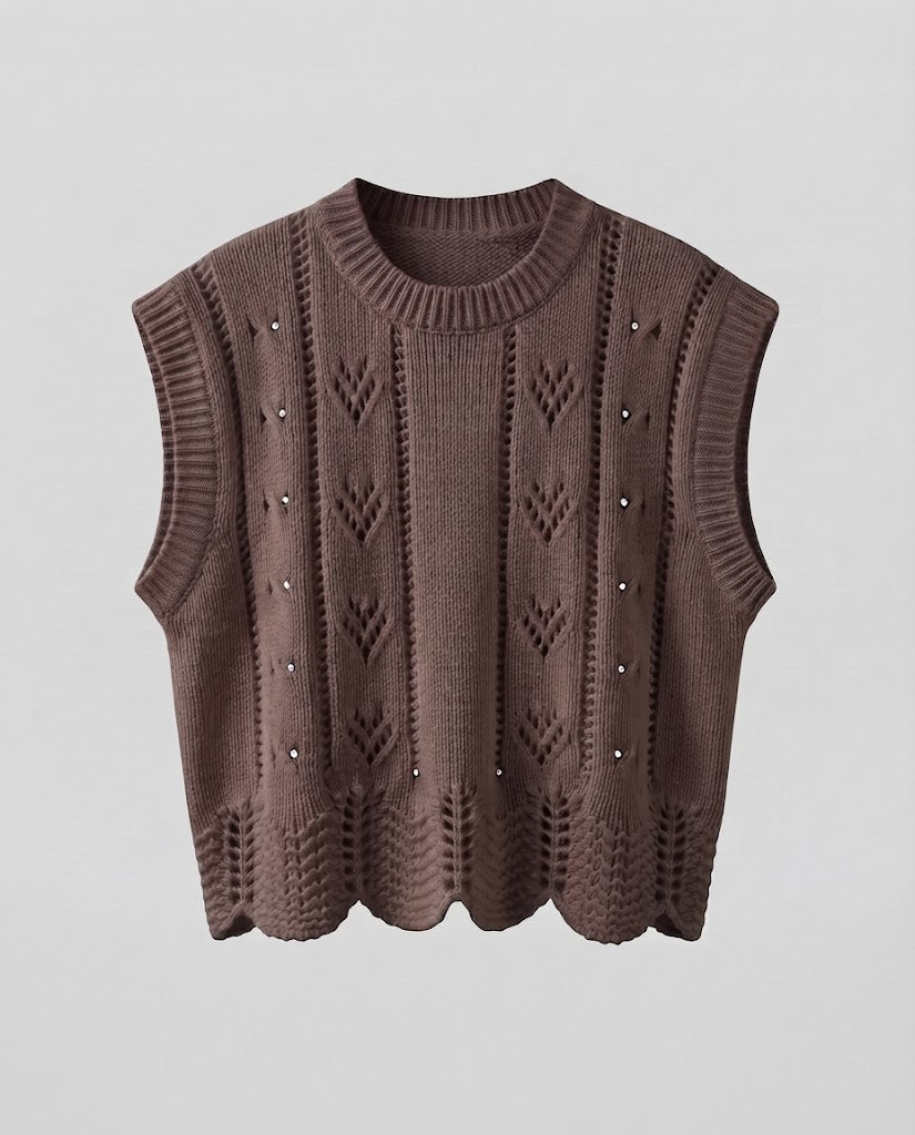 Damen Gestrickte Ajour-Ärmellose Weste mit Muschelsaum Echoarchiv