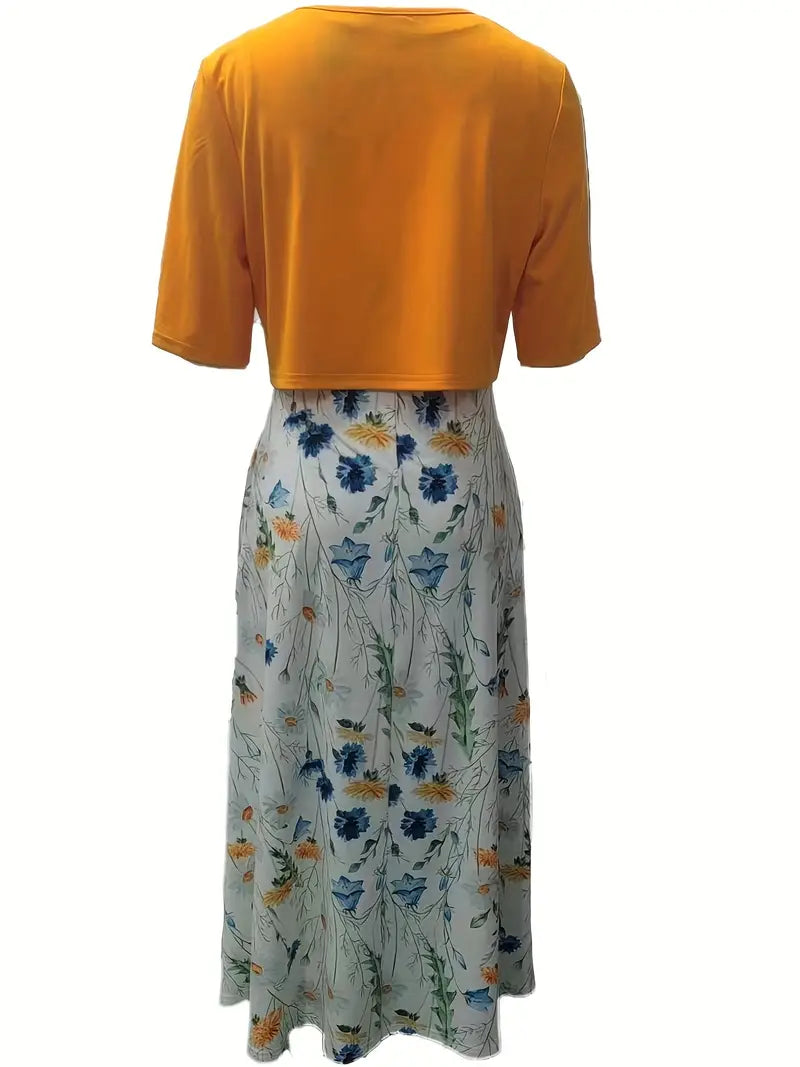 Echoarchiv – elegantes zweiteiliges blumenkleid-set mit einfarbigem crop-top und kleid mit rundhalsausschnitt