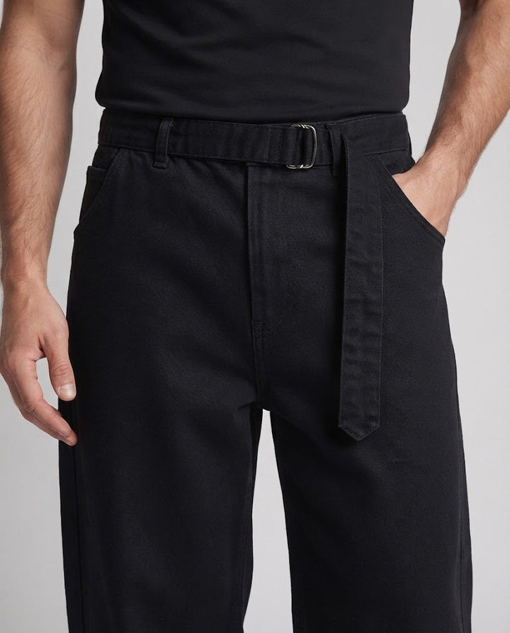 Herren Extraweite Baumwoll-Palazzo-Hose mit tiefem Schritt und Stoffgürtel Echo Archiv