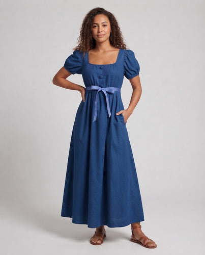 Frauen Elegantes Maxikleid mit Puffärmeln und Taillengürtel Echo Archiv