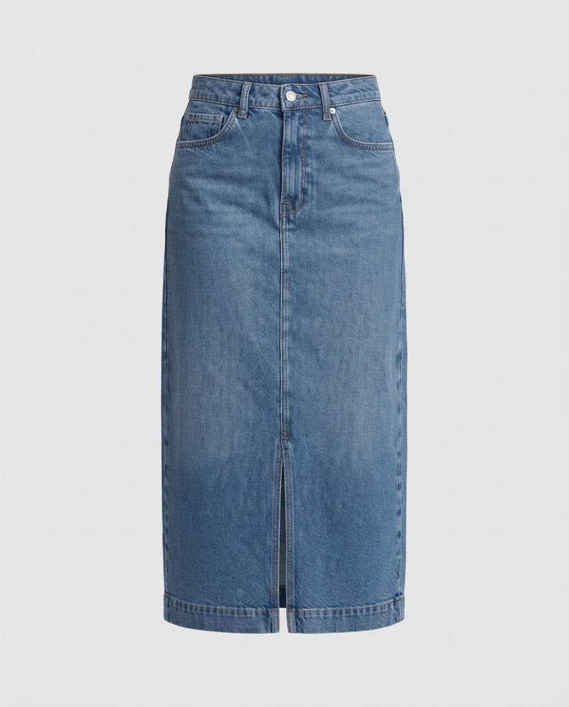 Damen Hochtaillierter Denim-Midirock mit Frontschlitz und geradem Schnitt Echo Archiv