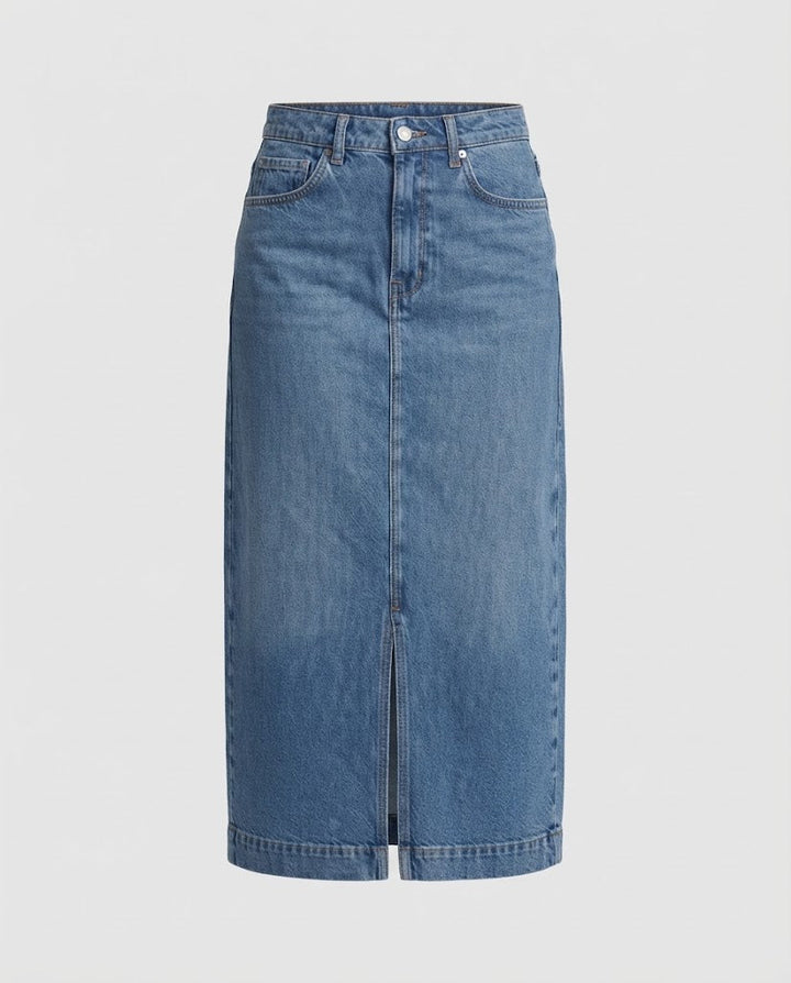 Damen Hochtaillierter Denim-Midirock mit Frontschlitz und geradem Schnitt Echo Archiv