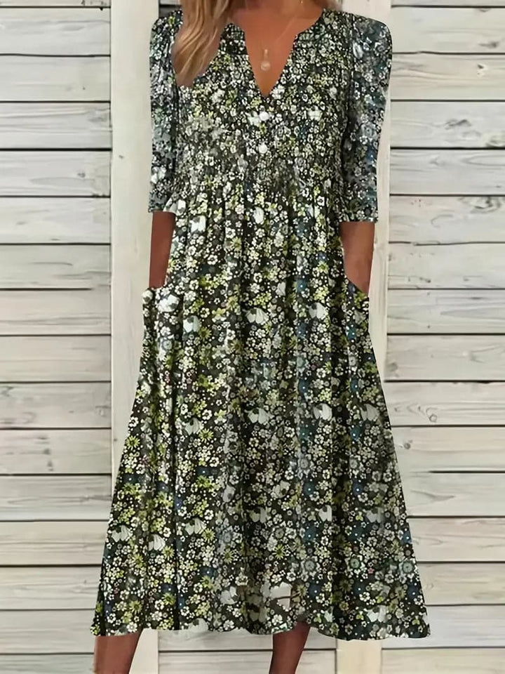 Echoarchiv | Midikleid A-Linie Passform V-Ausschnitt 3/4 Ärmel Blumenmuster