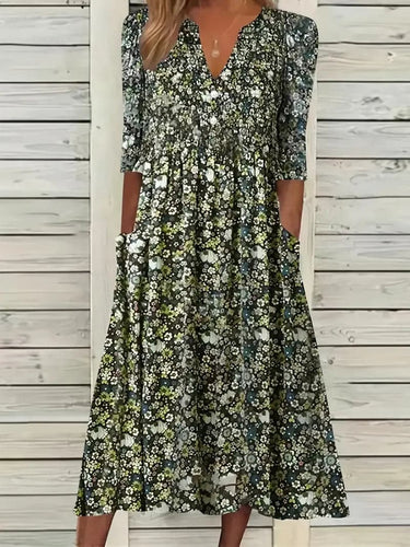 Echoarchiv | Midikleid A-Linie Passform V-Ausschnitt 3/4 Ärmel Blumenmuster
