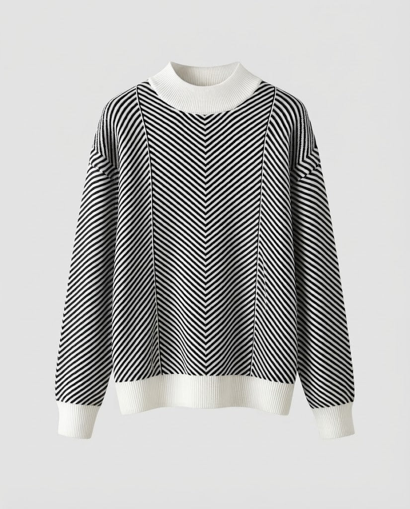 Damen Feinstrick-Pullover mit Chevron-Streifen und leichtem Mockneck Echoarchiv