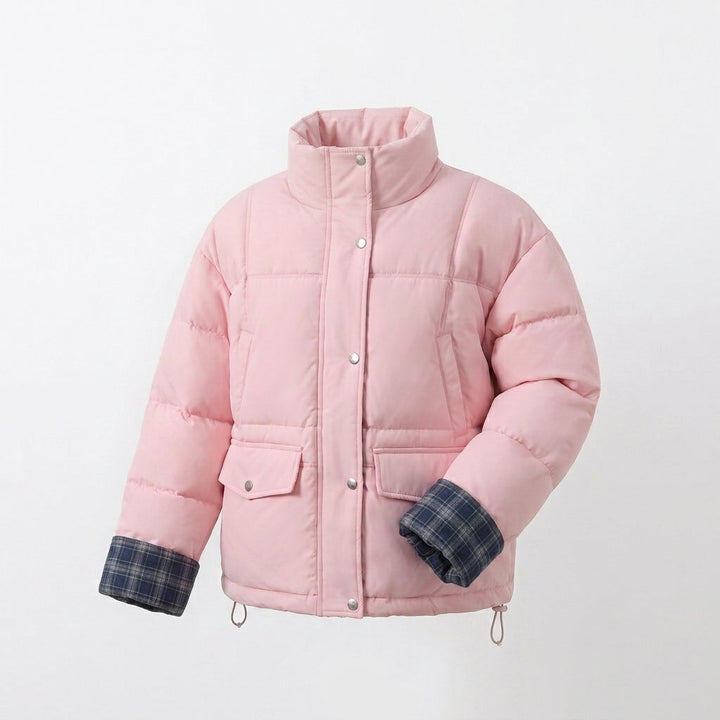 Damen kurze gepolsterte Boxy-Blouson mit kariertem Futter, hohem Kragen und aufgesetzten Klappentaschen