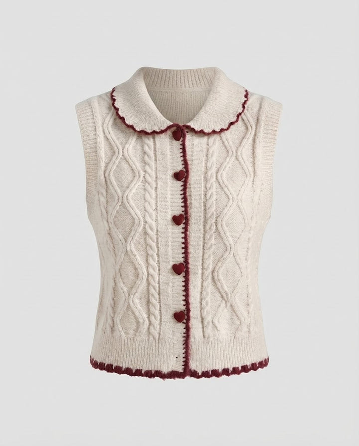 Damen Gestrickte Kurzweste mit Zopfmuster, Herzknopfleiste und Peter-Pan-Kragen Echo Archiv