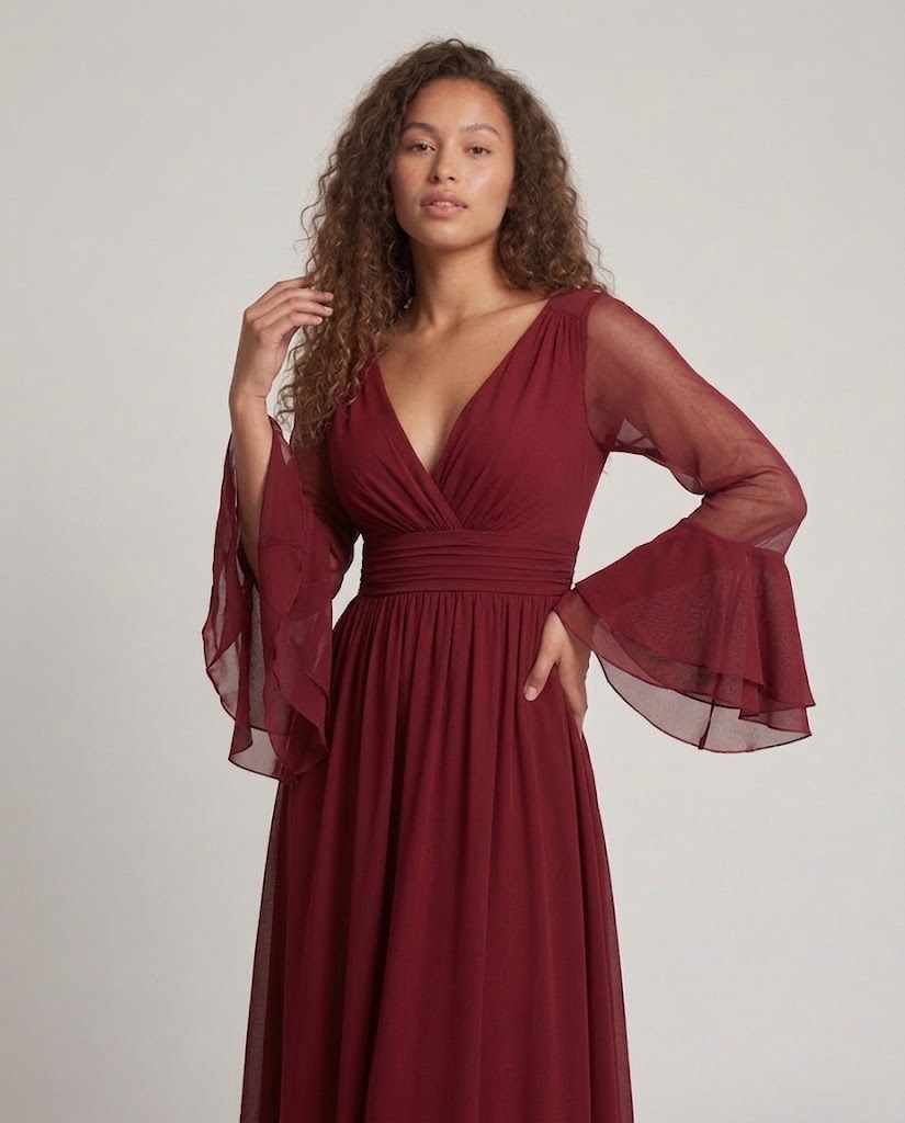 Damen Elegantes Maxikleid mit transparenten Ärmel und V-Ausschnitt Echo Archiv
