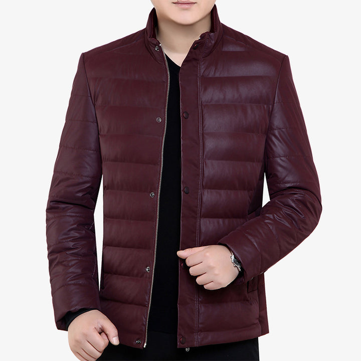 Herren Gepolsterte Steppjacke in Lederoptik mit Stehkragen und verdeckter Druckknopfleiste – Taviero
