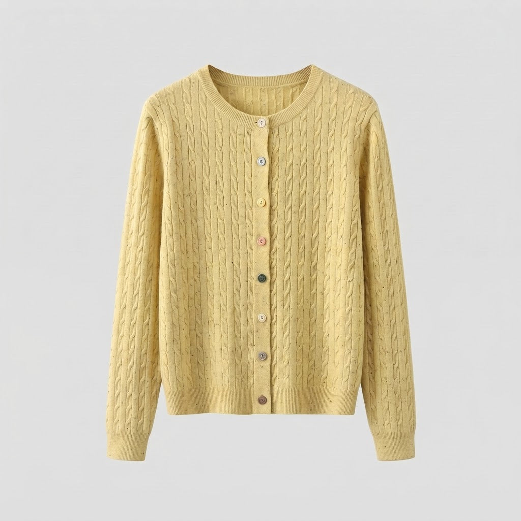 Damen Feinstrick-Cardigan mit Zopfmuster und bunten Knöpfen Echoarchiv