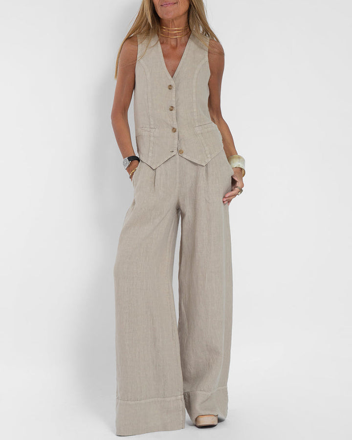 Echoarchiv | Elegantes 2-Teiliges Set Leinen Weite Hose & Weste