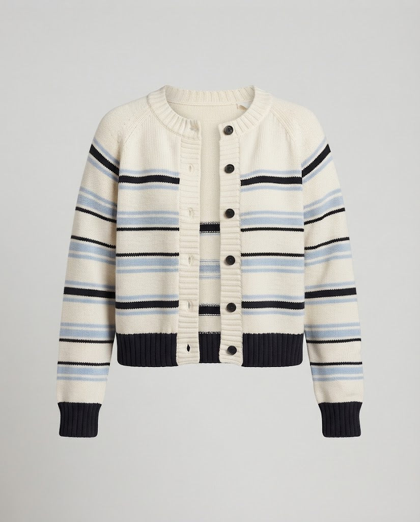 Damen Gestreifte Strickjacke mit Rundhalsausschnitt und geripptem Saum Echo Archiv