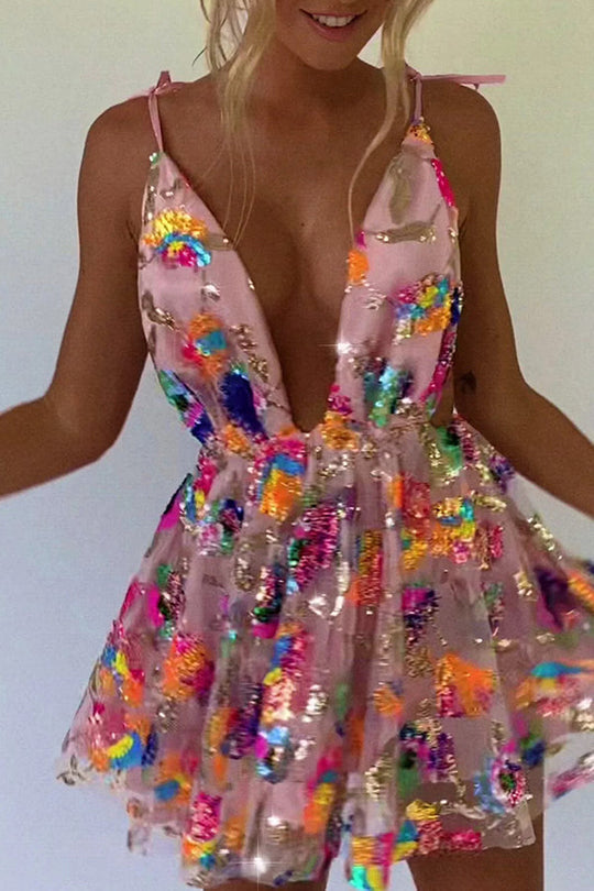 Echoarchiv | V-Ausschnitt Offene Rücken Pailletten Blumen Binde A-Linie Mini Kleid