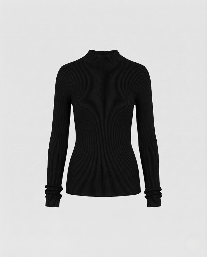 Damen Feines geripptes Langarm-Feinstrickshirt mit Stehkragen Echo Archiv