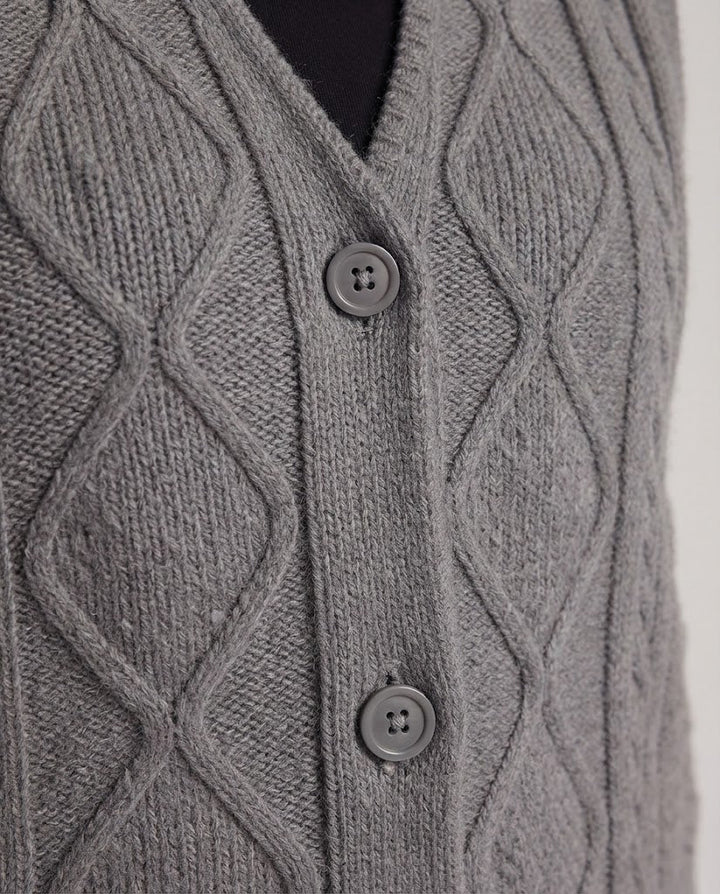 Damen Boxy‑Strickweste mit Diamantstruktur, V‑Ausschnitt und Holzknöpfen Echoarchiv