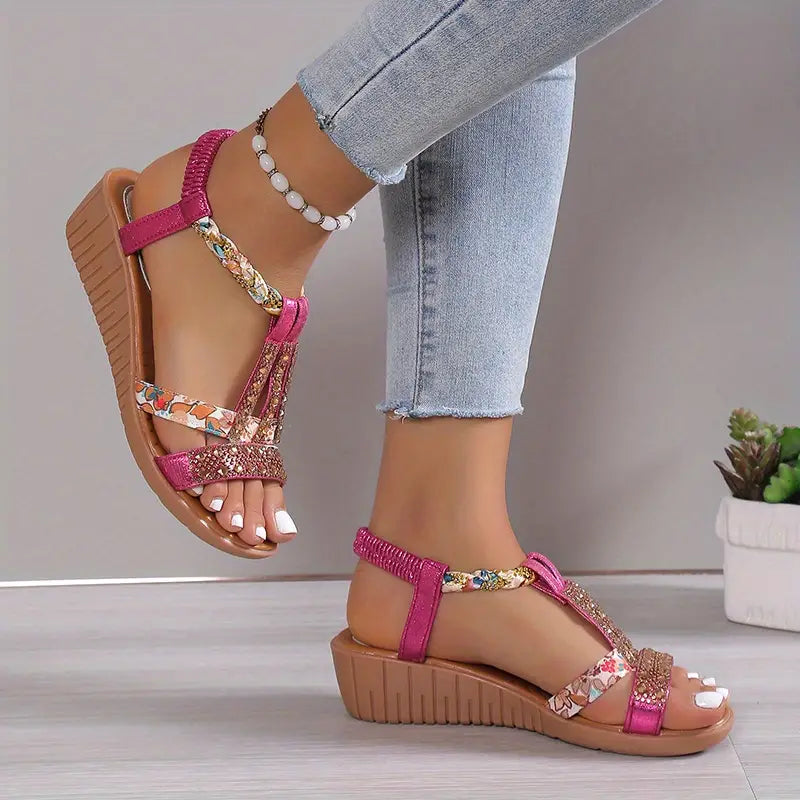 Echoarchiv | Inka Boho Glam Strass Geflochtene Keilsandalen