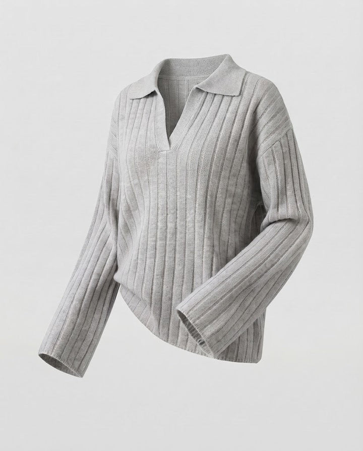 Damen Grobgerippter Wollmix-Pullover mit Polokragen und weiten Ärmeln Echoarchiv