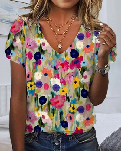 Kurzärmlige Farbenfrohe Blumenbluse mit V-Ausschnitt – Élovi