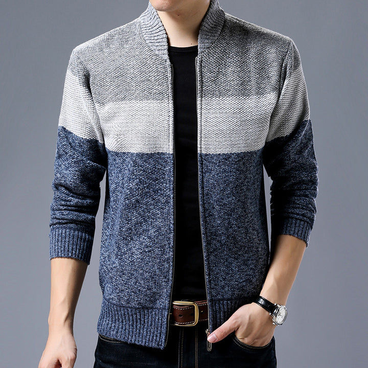 Herren Strick-Zipjacke mit Blockstreifen, Stehkragen und Rippbündchen Echoarchiv