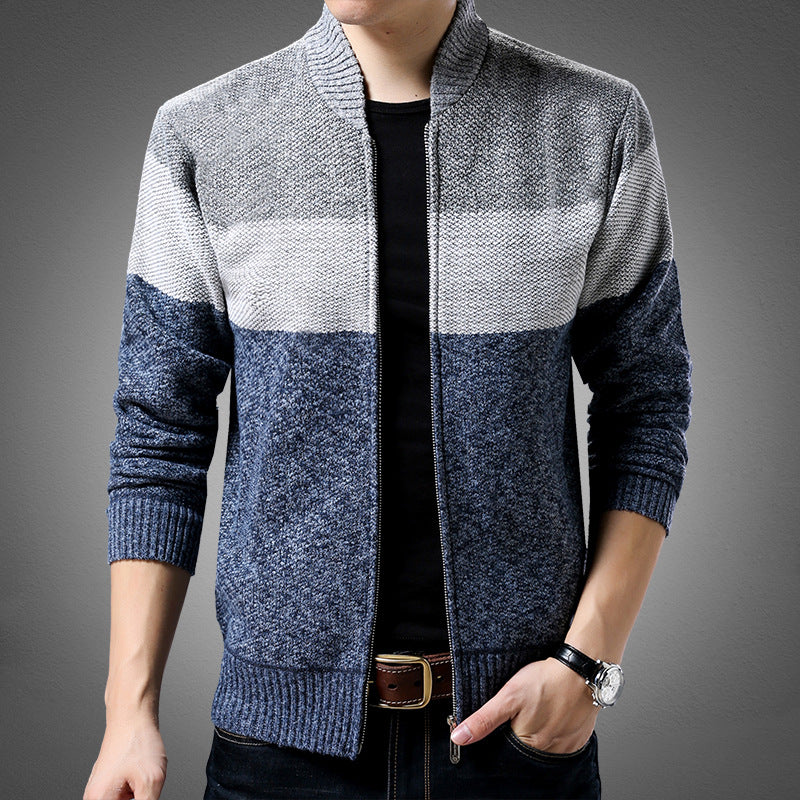 Herren Strick-Zipjacke mit Blockstreifen, Stehkragen und Rippbündchen Echoarchiv