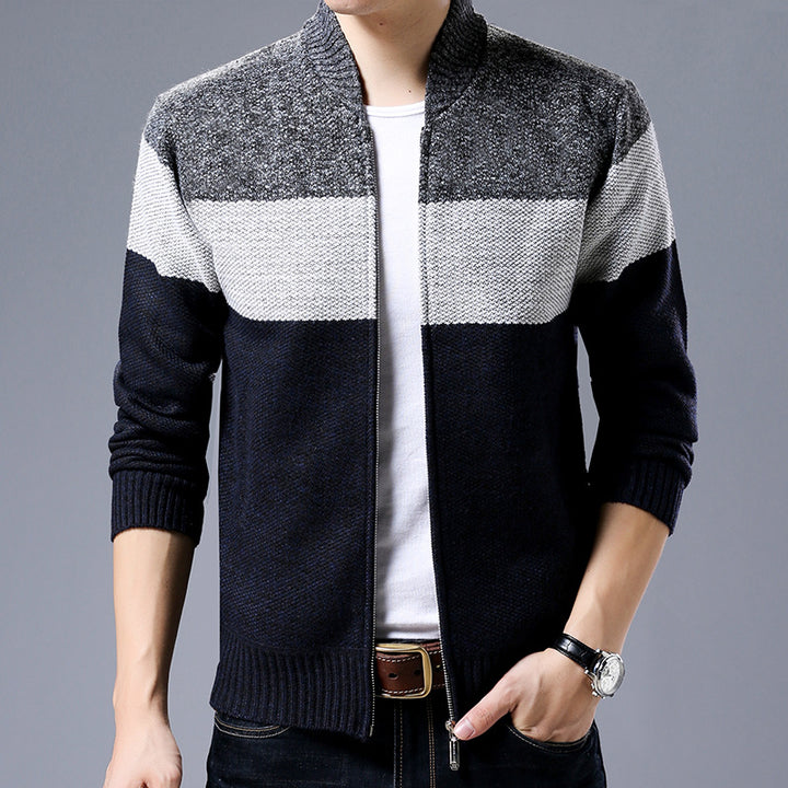Herren Strick-Zipjacke mit Blockstreifen, Stehkragen und Rippbündchen Echoarchiv