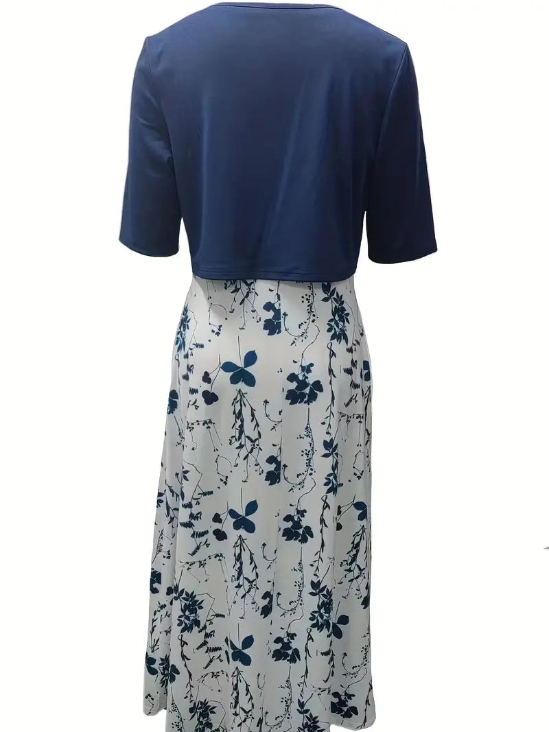Echoarchiv – elegantes zweiteiliges blumenkleid-set mit einfarbigem crop-top und kleid mit rundhalsausschnitt