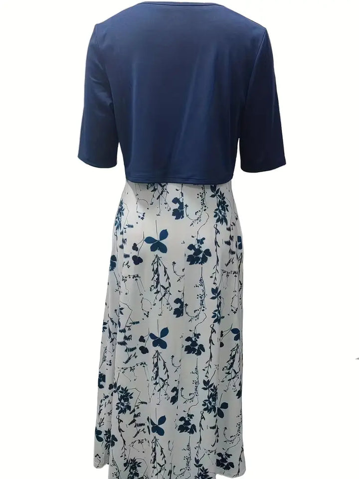 Echoarchiv – elegantes zweiteiliges blumenkleid-set mit einfarbigem crop-top und kleid mit rundhalsausschnitt